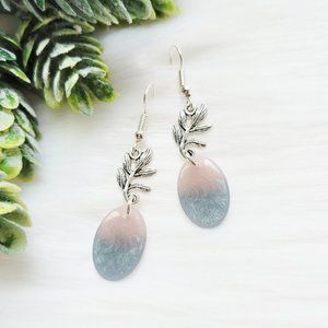 Pastel Dangle Earrings Blush Pink and Slate Blue Shimmer Mini Floral Oval Resin